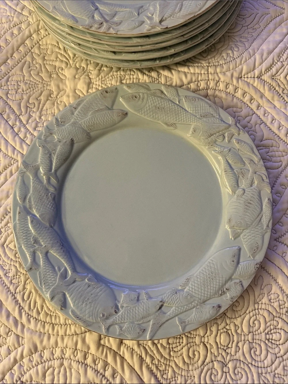 Set of Six Seaglass Blue Fish Motif Plates approximately 10” Diameter